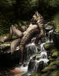 1boy anthro balls darkicewolf flaccid humanoid_penis hyena lying male male_only mammal nipples nude on_back penis solo water waterfall