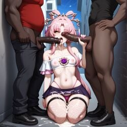 1girls 2boys accessory ai_generated alley alleyway big_cock big_penis blowjob cum cum_in_mouth cum_on_face cum_on_floor cum_on_hair dark-skinned_male fishnet_legwear fishnets fu_xuan_(honkai:_star_rail) handjob head_accessory headwear high_heels holding_penis honkai:_star_rail honkai_(series) jacket kneeling leapord_print looking_at_viewer microskirt nipples on_knees open_mouth partially_clothed pink_hair pink_thong prostitution pulling_down_pants skirt thong tongue_out transparent_clothing transparent_top tubetop veiny_penis yellow_eyes