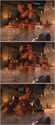 3d 4girls bath belly big_belly big_breasts breasts comic dark-skinned_female dark_skin dialogue fantasy female female_pred female_prey huge_belly huge_breasts licking_lips light-skinned_female light_skin massive_breasts nipples pussy rev3d same_size_vore stomach_noises tattoo text vore