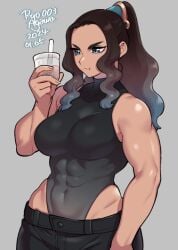 abs big_breasts blue_eyes blue_hair boba_tea brown_hair leotard long_hair muscular muscular_female pants ryo_agawa wide_hips