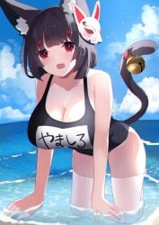 1girls absurd_res absurdres all_fours azur_lane beach bell black_hair black_hair_female black_swimsuit black_swimwear blue_sky breasts cat_ears cat_tail catgirl cleavage collarbone dot_nose elbows female female_focus female_only fingers fox_mask full_body hair_ornament high_resolution highres knees large_breasts legs light-skinned_female light_skin looking_at_viewer mask naked naked_female nude nude_female ocean one-piece_swimsuit open_mouth outdoors partially_submerged partially_submerged_legs red_eyebrows red_eyes red_eyes_female sand sea short_hair shoulders sky slender_body slender_waist slim_girl slim_waist solo swimsuit swimwear thick_thighs thighhighs thighs thin_waist water wet wet_legs wet_skin white_thighhighs yamaha_tsui yamashiro_(azur_lane) yamashiro_(summer_offensive?)_(azur_lane)