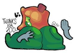 <3 1boy 1girl 1girl1boy 1girls anonymous_character apple ass_jiggle ass_slap big_ass candy_apple caramel_apple_(qwiuo) dialog dialogue fat_ass flat_chest food food_creature green_body green_skin hand_on_mouth hand_over_mouth hand_over_own_mouth heart heart_symbol object_shows onomatopoeia qwiuo rippling_ass skindentation slapping_ass slapping_butt text thick_thighs white_eyes