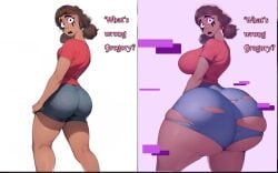 aged_up ai_generated alternate_ass_size ass ass_expansion ass_focus big_ass big_butt blue_shorts breast_expansion bubble_ass bubble_butt cassie_(fnaf) expansion five_nights_at_freddy's gregory_(fnaf) huge_ass jean_shorts large_ass plump_ass security_breach:_ruin wide_hips