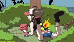 anal anal_sex anus ass blue_eyes boots brown_hair closed_eyes clothed clothing cum cum_drip cum_in_ass cum_inside cyndaquil dahs dripping duo female hair hat hilda_(pokemon) human interspecies laced_boots looking_back male mammal nintendo open_mouth outside penetration penis pokemon pokephilia public pussy saliva sex size_difference straight tongue tongue_out undressed video_games