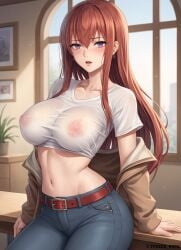 1girls ai_generated female_only ffeeer_nsfw jacket makise makise_kurisu steins;gate t-shirt tagme wet_shirt