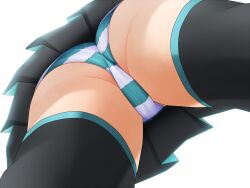 1girls black_skirt green_and_white hatsune_miku high_thighs pantyshot spread_legs standing striped_panties upskirt view_from_below vocaloid white_background えと