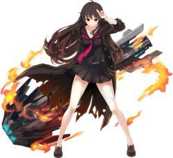 armcho bandaged_leg bandages black_hair black_serafuku black_skirt breasts female fire iris_yuma jacket loafers long_hair looking_at_viewer necktie non-web_source red_eyes red_necktie school_uniform serafuku shoes skirt soul_worker torn_clothes weapon