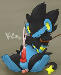 2012 anal anal_insertion anal_sex animal_genitalia balls black_fur blue_fur blush bondage bound canine_penis closed_eyes cum cum_on_penis cumshot feral fur grey_background hindpaw insertion japanese_text knot luxray male male_only manoreo nintendo orgasm paws penetration penis plain_background pokemon pokemon_(species) red_nose red_penis rope sex_toy shaking solo tears text trembling vibrator video_games