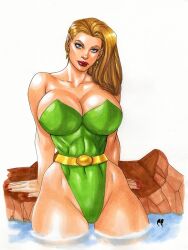 1girls blonde_hair blue_eyes breasts_bigger_than_head chris_foulkes curvy earrings female female_only fit fit_female huge_breasts leotard light-skinned_female light_skin marvel marvel_comics namorita partially_submerged pointy_ears solo voluptuous voluptuous_female white_background wide_hips