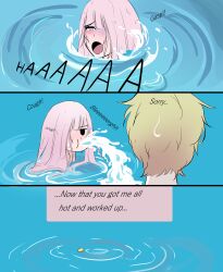 1boy 1girls female male marima666_(artist) pink_hair water