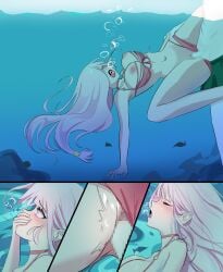 1boy 1girls air_bubbles female male marima666_(artist) pink_hair sex underwater