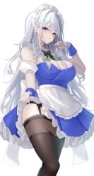 7saki absurdres adapted_costume alternate_hair_length alternate_hairstyle black_thighhighs blue_dress blue_eyes blush braid breasts cleavage dress feet_out_of_frame female garter_straps grey_hair highres izayoi_sakuya large_breasts long_hair maid maid_headdress open_mouth sakuya_izayoi simple_background solo thighhighs touhou twin_braids white_background