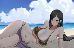 1girls beach belly_dancer belly_dancer_outfit black_hair blush cleavage cosplay crossover_cosplay fendai final_fantasy final_fantasy_vii harem_girl harem_outfit huge_breasts loincloth looking_at_viewer lying_on_side red_eyes seaside slave slave_bikini slave_leia_(cosplay) slave_outfit slavegirl star_wars thick_thighs tifa_lockhart voluptuous wide_hips