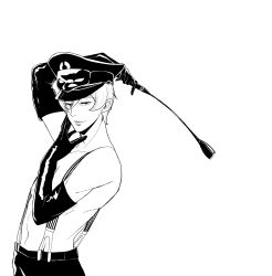 1boy black_and_white latex_gloves long_gloves masculine octopath_traveler octopath_traveler_2 riding_crop sikako solo suspenders temenos temenos_mistral