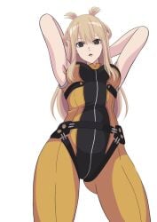 1girls arms_up black_eyes blonde_hair clothed clothed_female clothing female_only hourglass_figure low-angle_view sentai_daishikkaku suzukiri_yumeko taketake thick_thighs white_background yellow_hair