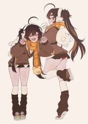 1girl 1girls :3d bent_over clothed cute cute_expression fangs legs long_hair looking_at_viewer looking_back miniskirt niucniuc panties ponytail pose round_head shorts simple_background text text_bubble thigh_gap unknown_character unknown_source white_background winter winter_clothes