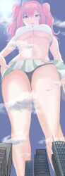 1girls 2020s 2021 azur_lane big_breasts breasts bremerton_(azur_lane) city clothed clothed_female exposed_midriff female female_focus female_only giantess giga_giantess looking_at_viewer looking_down looking_down_at_viewer looming looming_over midriff migihidariue skirt underboob white_clothes white_shirt white_skirt