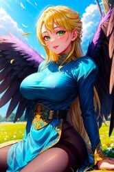 1girls ai_generated angel angel_wings beautiful beautiful_females black_wings blonde_female breath_of_fire busty clothed_breasts clouds curvy_figure daytime fantasy feathered_wings feathers female_only flower flower_field green_eyes green_eyes_female large_breasts looking_at_viewer looking_pleasured medieval medieval_clothing nature nina_(breath_of_fire_ii) pantyhose rpg sitting sitting_on_ground smile solo stable_diffusion thick_thighs toongenai video_game_character video_game_franchise video_games voluptuous voluptuous_female wings