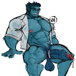 anthro balls bara barazoku beast_(x-men) big_balls big_penis blue_body blue_fur boner closed_eyes cock_ring erection hank_mccoy male male_only marvel marvel_comics muscles muscular onionsouls penis sitting solo solo_male sweat sweating x-men