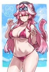 1girls :3 animal_ears bare_shoulders big_breasts bikini breasts chattino_(raora_panthera) cleavage female female_only goggles_on_head hat hips hololive hololive_english hololive_english_-justice- kemonomimi light-skinned_female light_skin navel one_eye_closed paw_pose pink_bikini pink_swimsuit posing raora_panthera rotomdocs solo standing stomach swimsuit tail thighs virtual_youtuber waist yellow_eyes