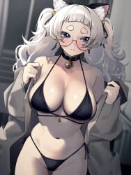 1girls absurdres animal_ears bell bikini black_bikini blue_eyes blush breasts coat collar female glasses highres large_breasts long_hair meg_(wakamepiza) navel neck_bell open_clothes open_coat original side-tie_bikini_bottom solo stomach swimsuit thick_eyebrows wakamepiza white_hair