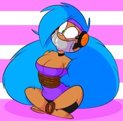 big_hair blue_hair bondage cleavage clothed duct_tape duct_tape_gag furry gag gagged harriet_(tempson) hedgehog rope rope_bondage tempson