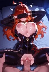 1boy 1girls ahoge ai_generated areolae arms_up balecxi bangs bed bed_sheet black_bodysuit black_gloves blush bodysuit breasts choker clothed_female clothed_female_nude_male clothed_sex clothing covering_face covering_own_eyes curvaceous curvaceous_female curvaceous_figure curvy curvy_figure earrings erection female female female_focus genshin_impact gloves grin happy_sex hoyoverse indoors jacket jewelry large_breasts light-skinned_female light_skin long_hair long_sleeves lying male male_pov mavuika_(genshin_impact) mihoyo missionary missionary_position navel nipples nude on_back on_bed open_bodysuit open_clothes open_jacket parted_lips partially_unzipped penis pillow pov_crotch pussy pussy_juice red_eyes red_hair sex smile solo_focus spread_legs straight sweat thigh_grab thighs torn_bodysuit torn_clothes unzipped vagina vaginal_penetration veins voluptuous voluptuous_female zipper