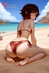1girls 2d ai_generated ass back barefoot beach beachball big_ass big_breasts bikini black_bikini day erophoenix feet female gradient_hair looking_at_viewer looking_back multicoloured_hair nipple_slip nipples outdoors pale_skinned_female patreon_username red_hair ruby_rose rwby short_hair sitting sky smile soles solo swimsuit two-tone_hair umbrella uncensored