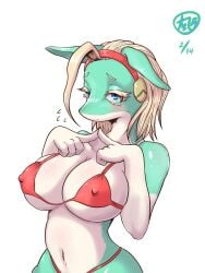 2024 4_fingers anthro arms_bent big_breasts bikini blonde_eyebrows blonde_eyelashes blonde_hair blue_eyes blush bodily_fluids breasts cleavage clothed clothed_anthro clothed_female clothing digital_drawing_(artwork) digital_media_(artwork) ears_down emanata eyebrows eyelashes female female_anthro fingers fingers_together glistening glistening_body glistening_eyes hair half-length_portrait hi_res ippan_josei kyokushin looking_at_viewer mammal mouth_closed multicolored_body my_hero_academia navel nipple_outline number pivoted_ears portrait pupils quirked_human_(my_hero_academia) red_bikini red_clothing red_hairband red_swimwear shaded shy signature snout solo standing swimwear teal_body tears three-quarter_view two-piece_swimsuit two_tone_body white_body white_sclera