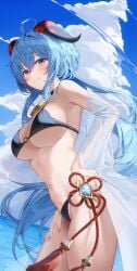 1girls 2d 2d_(artwork) alternate_costume bell bell_collar big_breasts bikini bikini_bottom bikini_top black_bikini black_bikini_bottom black_bikini_top black_swimsuit black_thong blue_hair blush bra clouds covered_nipples day female female_focus female_only ganyu_(genshin_impact) genshin_impact high_resolution highres horns hoyoverse jhc_(artist) light-skinned_female light_skin long_hair looking_at_viewer mihoyo ocean sexy sexy_pose sky slim_girl smiling smiling_at_viewer solo solo_female solo_focus standing summer swimsuit thong thong_bikini two_piece_swimsuit water young younger_female