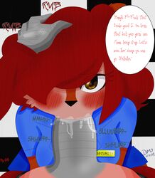 animatronic anthro blush brown_eyes color comic cute dark_background discordmelody duo english_text faceless_male fellatio female five_nights_at_freddy's foxy_(fnaf) freckles hair jasmine_ivory machine male mammal mechanical metal oral penis red_hair robot rodent security sex squirrel straight text