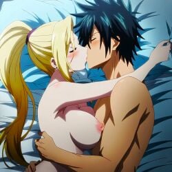 1boy1girl ai_generated anime attractive beautiful bed bed_covers bedroom_sex big_breasts black_hair blonde_female blush busty closed_eyes crossover crossover_pairing crossover_sex curvy_female dreson earrings embrace fairy_tail fantasy female french_kiss gray_fullbuster gray_kiss_ino hands_on_waist handsome hug indoors ino_yamanaka kissing kunoichi love_making mage male nai_diffusion naruto naruto_shippuden nipples nude pillow pillow_grab ponytail sexy straight young_couple