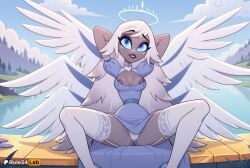 1girls ai_generated angel angel_wings arms_behind_head arms_up artist_name blue_dress blue_eyes breasts cloud dark-skinned_female dark_skin day dress emily_(hazbin_hotel) feathered_wings female garter_straps halo hazbin_hotel hi_res long_hair looking_at_viewer medium_breasts nipples outdoors panties puffy_short_sleeves puffy_sleeves rule34lab short_sleeves sitting sky small_breasts smile solo spread_legs thighhighs underwear very_long_hair white_hair white_panties white_thighhighs white_wings wings