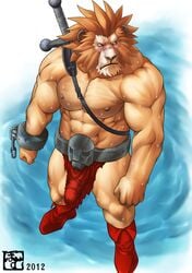 2012 abs belt biceps big_muscles bomb_(artist) boots brown_fur bulge clothed clothing feline footwear fur hair half-dressed leo_(red_earth) lion loincloth male male_only mammal muscles nipples pecs red_earth scar solo strap sweat sword toned topless weapon