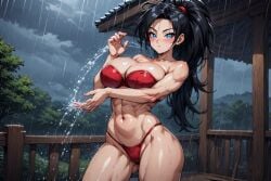 ai_generated bikini black_hair blue_eyes breasts dragon_ball_z female long_hair muscular muscular_female oc rain women