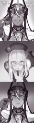 2girls 3koma aka6 blush cuckquean dark-skinned_female dark_skin disgust english_text female female_pervert full-face_blush funny goddess_of_victory:_nikke highres indivilia light-skinned_female light_skin monochrome rapi_(nikke) smug smug_face stitched tall_image