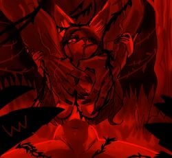 ambiguous_gender anthro big_ears canid canine duo female forest forest_background hand_around_neck hi_res lostwisdom male male/female mammal maned_wolf nature nature_background nude plant pose red_eyes red_lighting simple_background tree