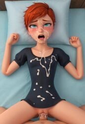 3d after_sex ai_generated bed_sheet clothed clothing cum defeated dress female freckles lying miraculous_ladybug missionary_position ondine_(miraculous_ladybug) pov puffy_sleeves red_hair rolling_eyes sex short_hair vaginal_penetration
