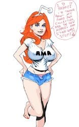 1girls big_breasts blue_eyes drawfag female oekaki orange_eyes red_nails reddit see-through_clothing solo solo_female source_request tagme text unbuttoned_shorts white_background