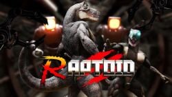 2023 3d_(artwork) abs anthro black_claws blue_eyes brown_body brown_scales claws clothing daedalus_(tailsup4tyranno) depth_of_field digital_media_(artwork) dinosaur dromaeosaurid english_text game_art game_logo glowing glowing_eyes green_clothing green_thong green_underwear group hi_res logo male male_only multicolored_body multicolored_scales muscular muscular_anthro muscular_chest muscular_legs muscular_male mutant_alley nipples non-mammal_nipples official_art open_mouth prehistoric_species raptoid_(tailsup4tyranno) reaching_towards_another reptile robotic_arm robotic_claws scales scalie sharp_teeth side_view square_head tail tailsup4tyranno tan_body tan_scales teeth text theropod thong tongue two_tone_body two_tone_scales underwear velociraptor