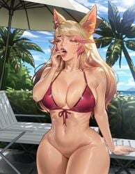 ahri ahri_(league_of_legends) ai_generated beach bikini female kitsune large_breasts league_of_legends thick_thighs