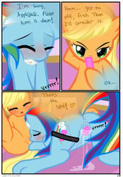 2girls anus applejack_(mlp) blonde_hair blue_fur blush closed_eyes comic cowboy_hat cunnilingus cutie_mark dialogue drooling duo edit english_text equine female female_only feral friendship_is_magic fur green_eyes hair hat hisexpliciteditor horse lying mammal multicolored_hair my_little_pony nude on_front oral orgasm pegasus pony pussy pussy_juice pyruvate rainbow_dash_(mlp) rainbow_hair saliva sex sex_toy text vaginal_penetration vibrator wings yuri