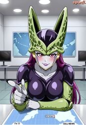 ai_generated big_breasts bio-android_(dragon_ball) black_nails breasts cell_(dragon_ball) dragon_ball dragon_ball_z eyelashes female female_cell genderswap_(mtf) grey_skin happy lipstick map nail_polish nails news news_report news_reporter perfect_cell perfect_fem-cell pink_eyes pointing_at_viewer purple_hair purple_lips rule_63 smile spur//.