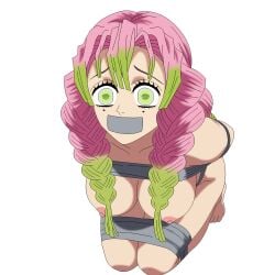 1girls blush bondage breasts demon_slayer female female_focus female_only kanroji_mitsuri kimetsu_no_yaiba looking_at_viewer mitsuri_kanroji naked_female solo solo_female tied_up twintails