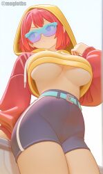 ai_generated brawl_stars breasts hood_up hoodie low-angle_view max_(brawl_stars) moglotbs red_hair streetwear_max sunglasses underboob