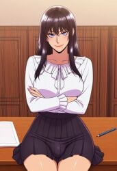 1futa 2d ai_generated anasheya_(style) bangs black_hair blondshell blouse blue_eyes breasts civitai closed_mouth collarbone crossed_arms desk frills futa_only futanari hair_between_eyes high-waist_skirt high_waisted_skirt lips long_hair long_sleeves looking_at_viewer pencil_(object) pleated_skirt sidelocks sitting sitting_on_desk solo straight_hair teacher white_blouse