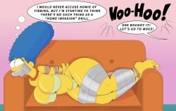 big_hair blue_hair bondage breasts cleavage couch duct_tape duct_tape_gag green_bra green_panties marge_simpson necklace rope rope_bondage tempson the_simpsons toes_tied underwear underwear_only wide_hips yellow_skin