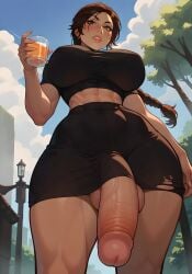 abs ai_generated clothing from_below futanari highres holding_glass holding_object huge_breasts huge_cock intersex lara_croft looking_at_viewer outdoors peeking_penis self_upload skirt small_waist standing supermanson thick_thighs tomb_raider wide_hips