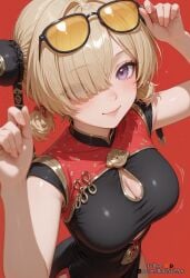 2025 ai_generated bangs black_dress blonde_hair blush breasts bun_cover china_dress chinese_clothes cleavage cleavage_cutout closed_mouth clothing_cutout double_bun dress eyewear_on_head female female female_focus hair_bun hair_over_one_eye hoyoverse large_breasts lips looking_at_viewer mihoyo nsfw purple_eyes reaching_towards_viewer red_background rognezart short_sleeves simple_background smile solo sweety_(zenless_zone_zero) twintails zenless_zone_zero