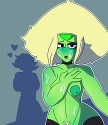 1girls 2025 blonde_hair bottomless breasts cartoon_network choker cum cum_on_face drawinecchi female female_only gem_(species) green_areola green_body green_nipples green_skin nipples no_bra no_panties nude nude_female open_mouth peridot_(steven_universe) pubic_hair smaller_female steven_universe thick_thighs thighhighs topless